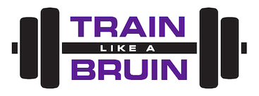 Image depicts UCLA Recreation's Train Like a Bruin program logo in purple and black bolded text, in the backdrop of a dumbbell.